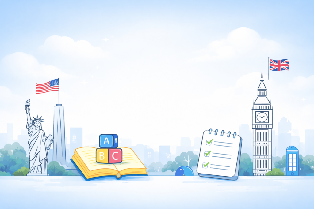 Ilustración educativa para aprender inglés con símbolos de Estados Unidos y Reino Unido